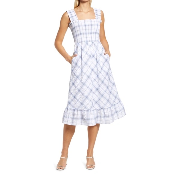 Eliza J Smocked Plaid Ruffle Midi Dress SZ 18W Blue White Sleeveless Sundress - Picture 4 of 16